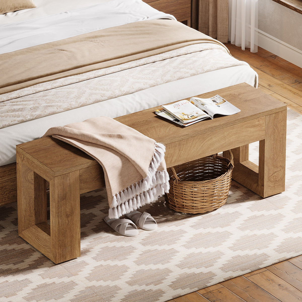 47-Inch Farmhouse Entryway Bench, Long Wood Shoe Bench with Reinforced MDF Structure for Hallway