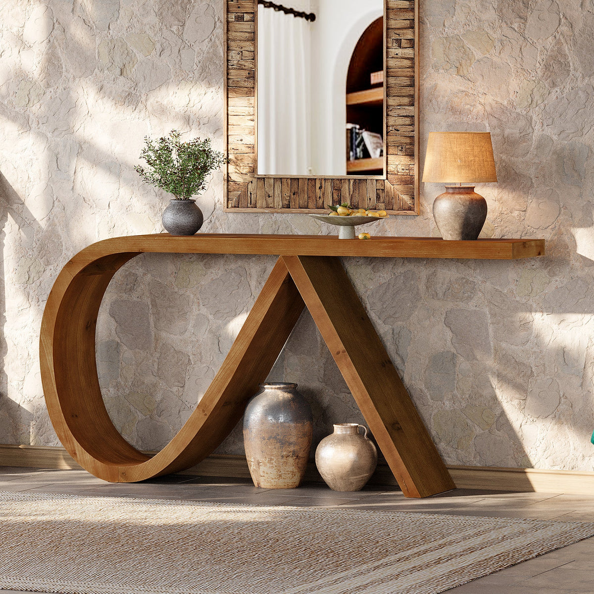 57-Inch Curved Console Table, Solid Wood Sofa Table for Hallway