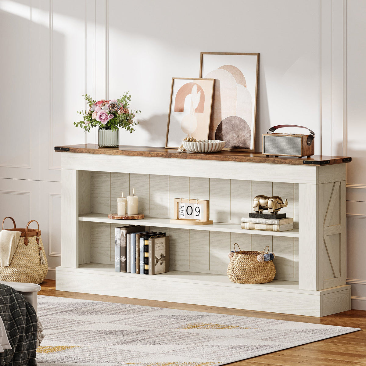 63-Inch Modern Farmhouse TV Stand with Storage, White Media Console for Living Room