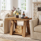 23.62 Inch Solid Wood End Table with 2-Tier Storage Shelves, Farmhouse Side Table for Living Room
