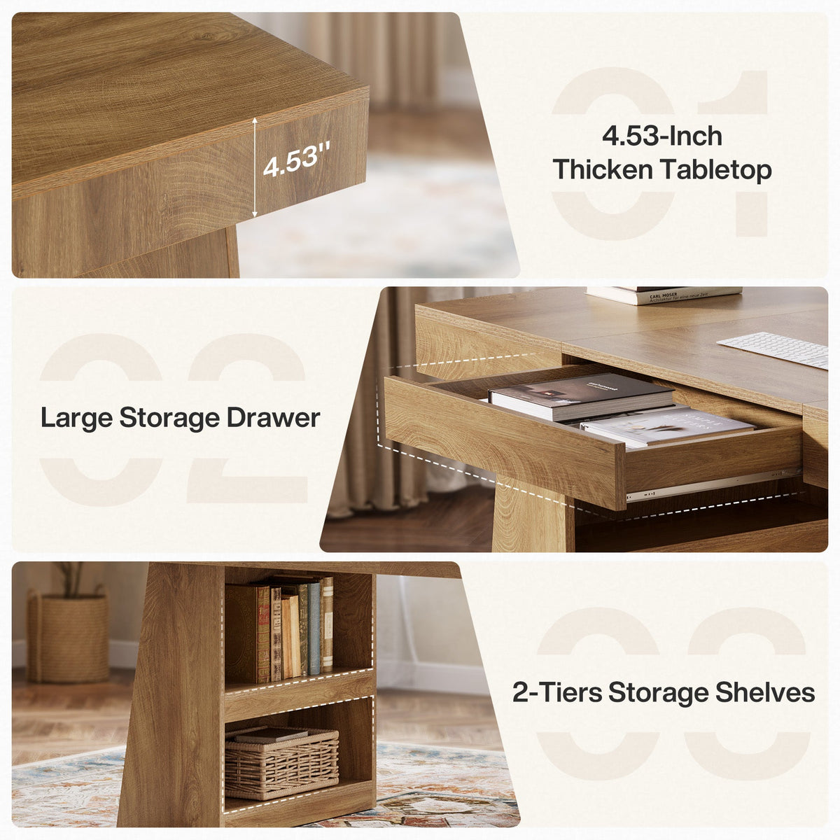 55 Inch Executive Desk with Drawer, Large Office Computer Desk with Storage Shelves for Home Office