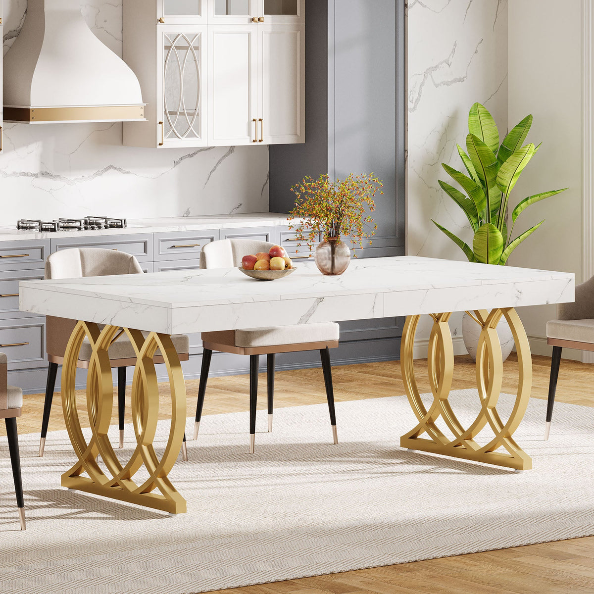 63-Inch Modern Dining Table for 4-6 People, Faux Marble Kitchen Table with Gold Legs
