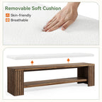 63 Inch Solid Wood Bench with Removable Faux Lambswool Cushion, Farmhouse End of Bed Seat