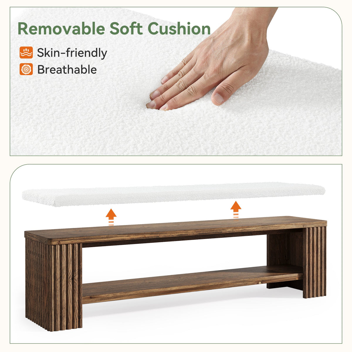 63 Inch Solid Wood Bench with Removable Faux Lambswool Cushion, Farmhouse End of Bed Seat