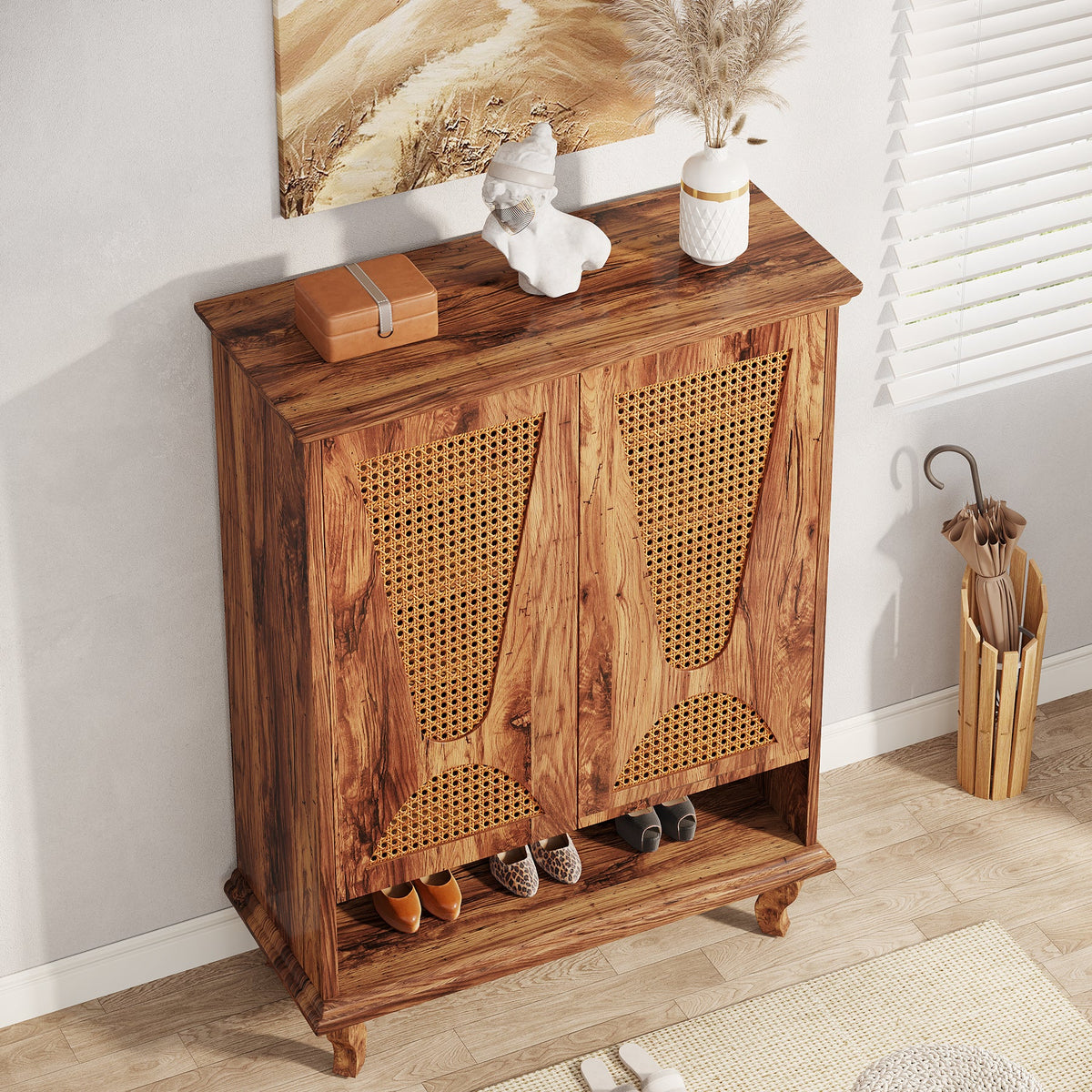 Rattan Shoe Cabinet, 5-Tier Hidden Shoe Storage for Entryway
