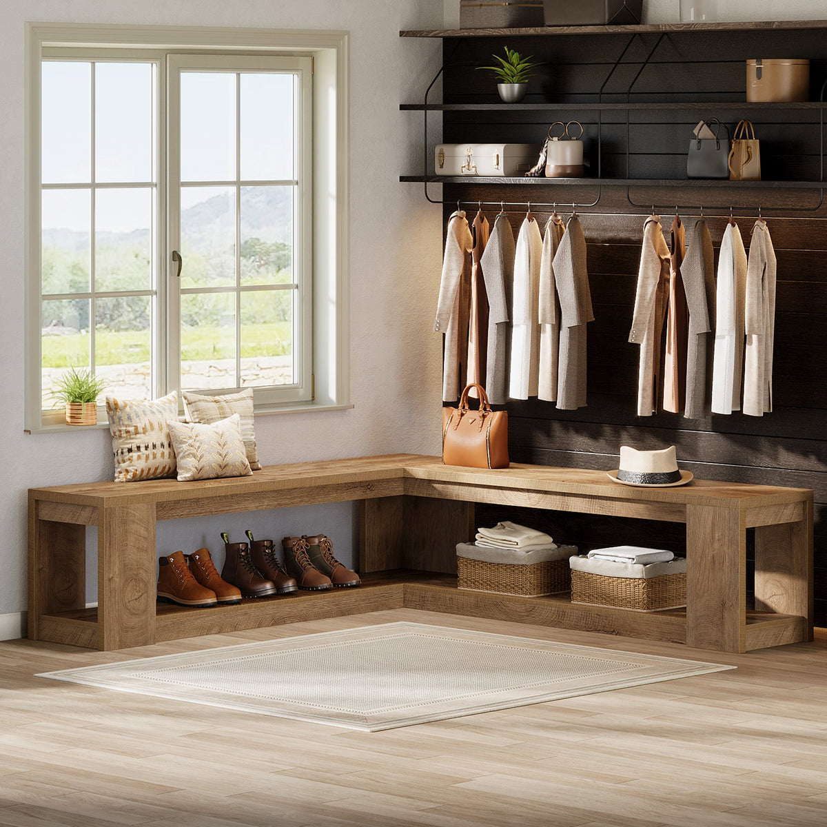 61-Inch L-Shaped Shoe Bench with Storage, Farmhouse Corner Entryway Bench for Dining Room Living Room and Cloakroom