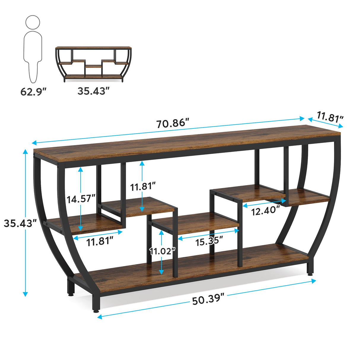 70.9" Sofa Table with Shelves, Console Table for Living Room