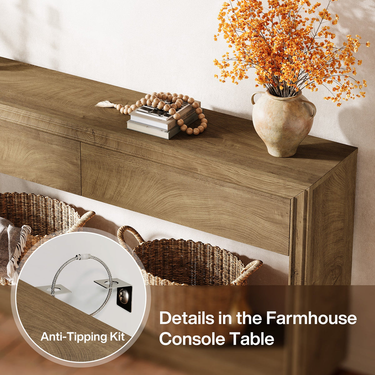63-Inch Console Table with 2 Drawers, Farmhouse Entryway Table with Storage for Hallway