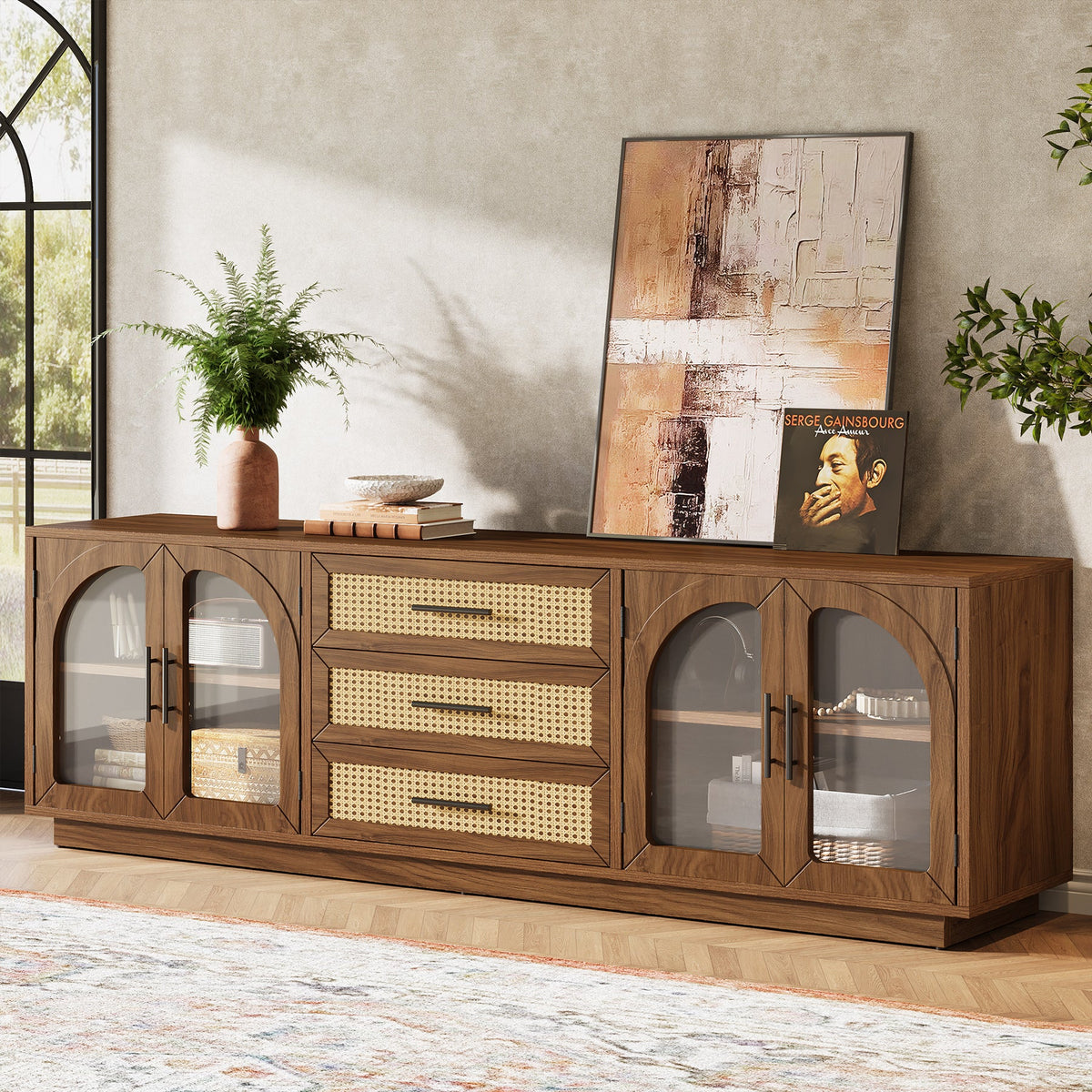 71-Inch TV Stand with Rattan Drawers, Mid-Century Media Console for Living Room