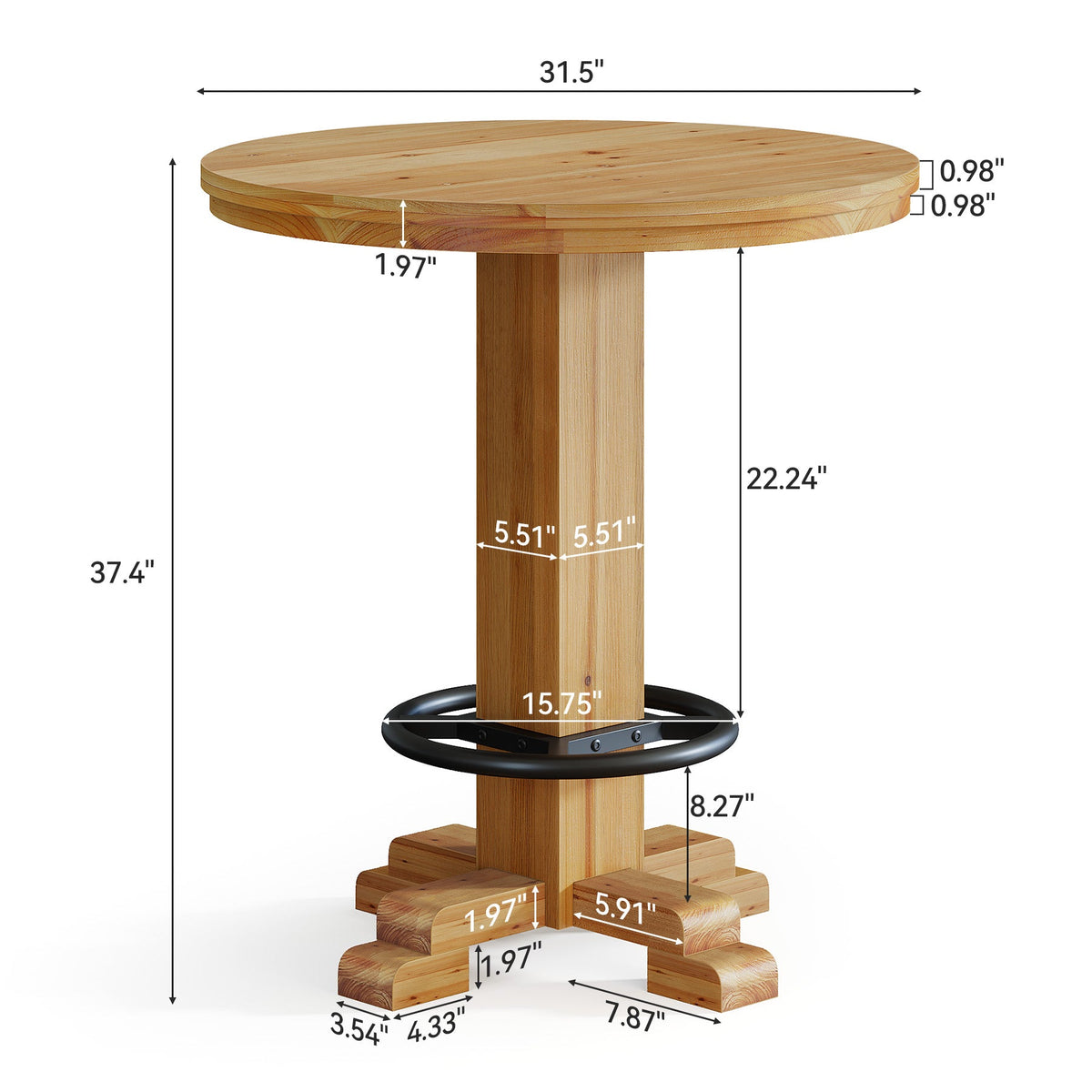 37.4-Inch Round Counter Height Bar Table, Solid Wood Bistro Table with Metal Footrest for Small Spaces