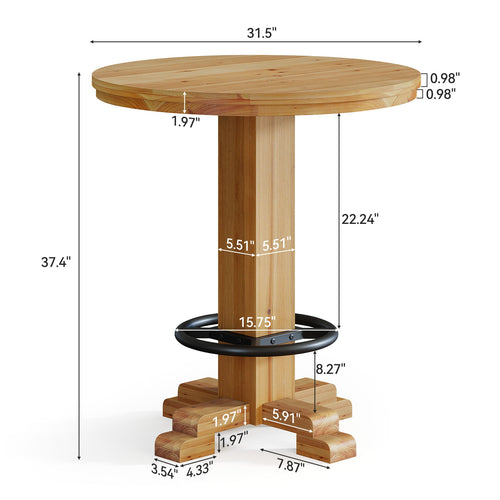 37.4-Inch Round Counter Height Bar Table, Solid Wood Bistro Table with Metal Footrest for Small Spaces