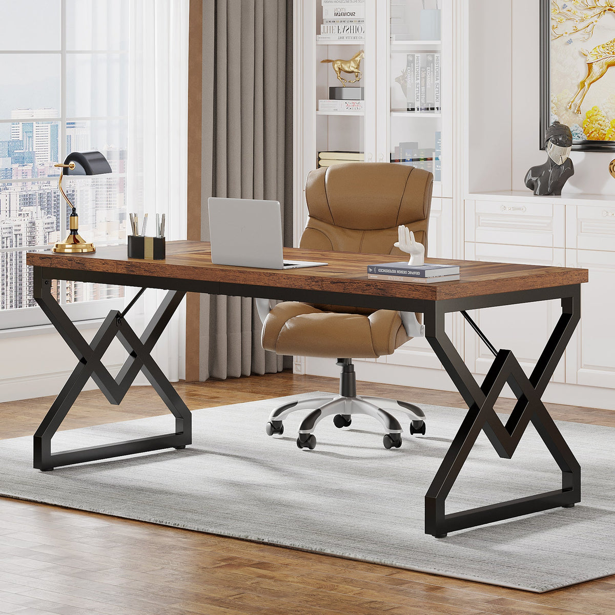 63-Inch Large Office Desk, Industrial Computer Executive Desk with Extra Thick Wood-Look Top and Metal Frame for Home Office