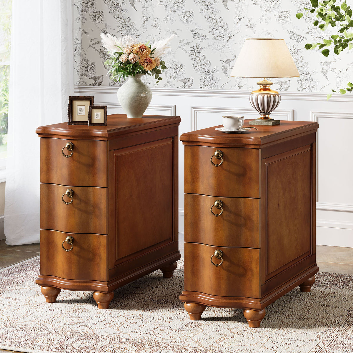 11.02-Inch Wide Fully Assembled End Table with 3 Drawers, Narrow Walnut Brown Side Table for Bedside Living Room