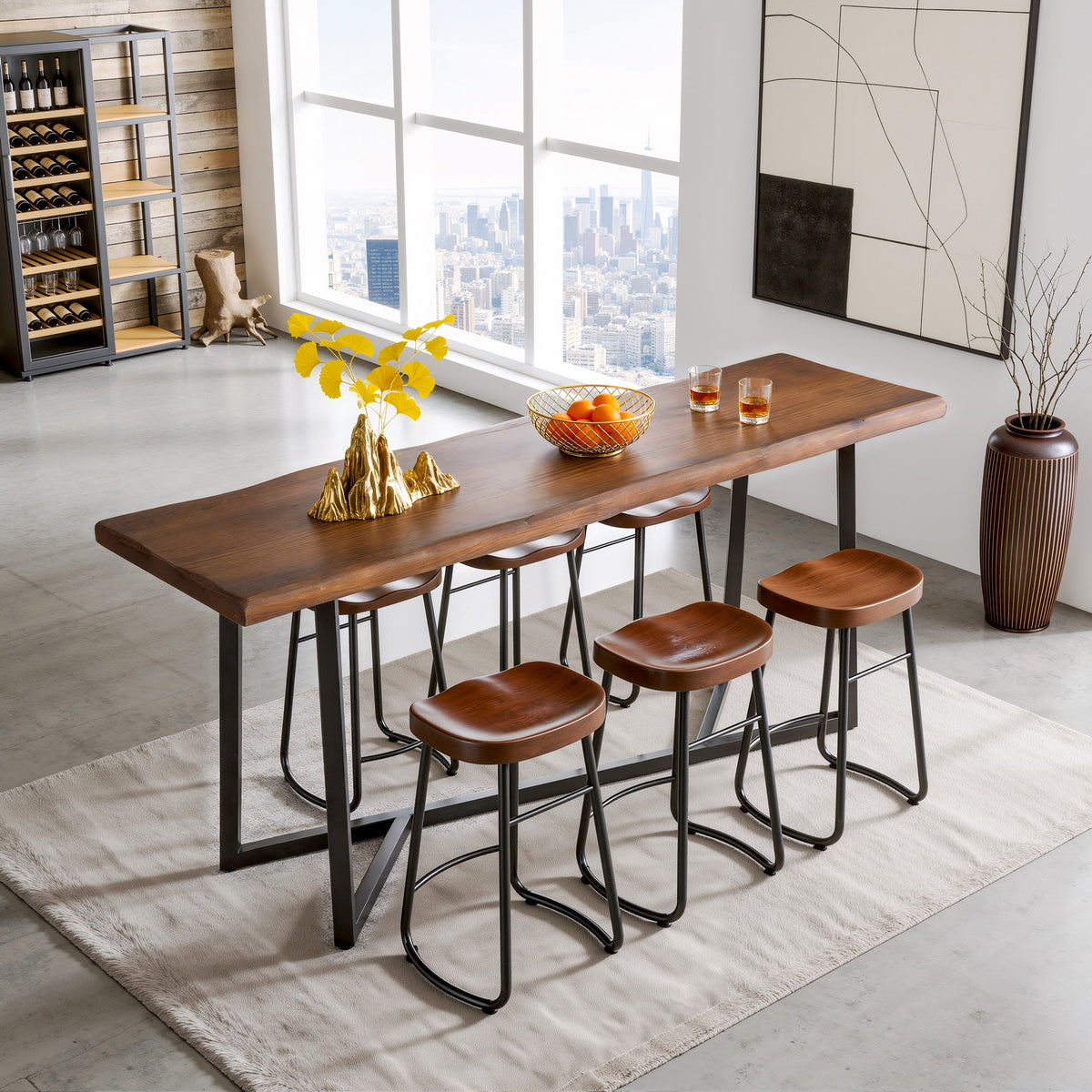 63-Inch Solid Wood Bar Table with Metal Frame, Counter Height Pub Table for Kitchen