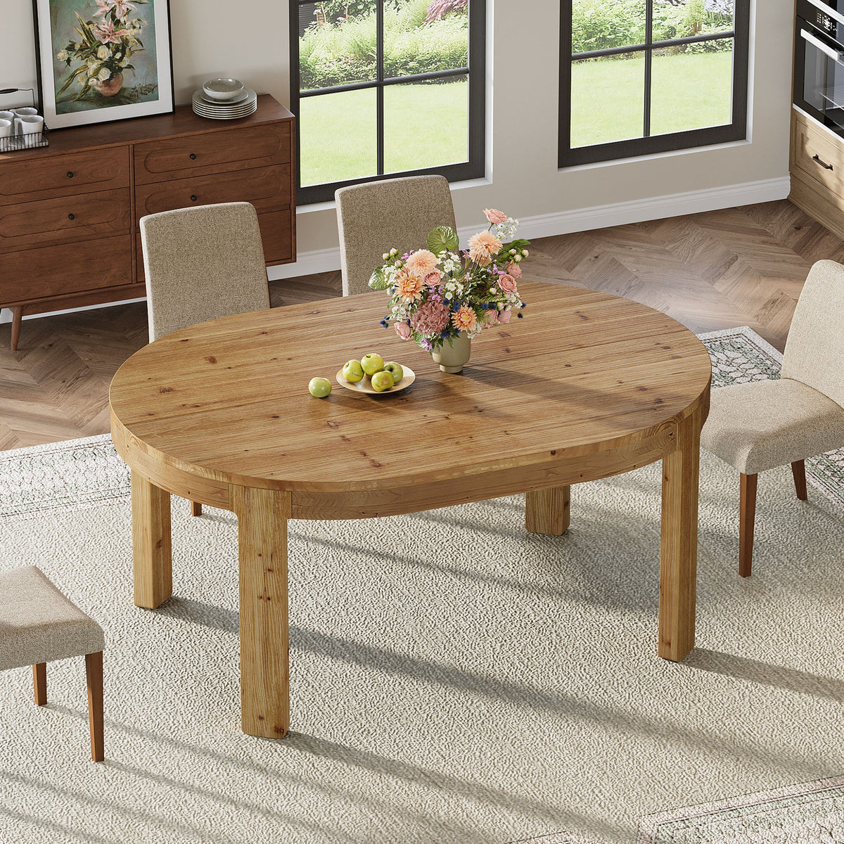 55-Inch Farmhouse Oval Dining Table, Solid Wood Kitchen Table for 4 in Small Spaces