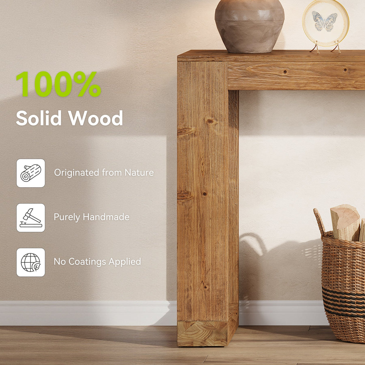63-Inch Farmhouse Console Table with Reinforced Base, Solid Wood Sofa Table for Entryway Study and Living Room