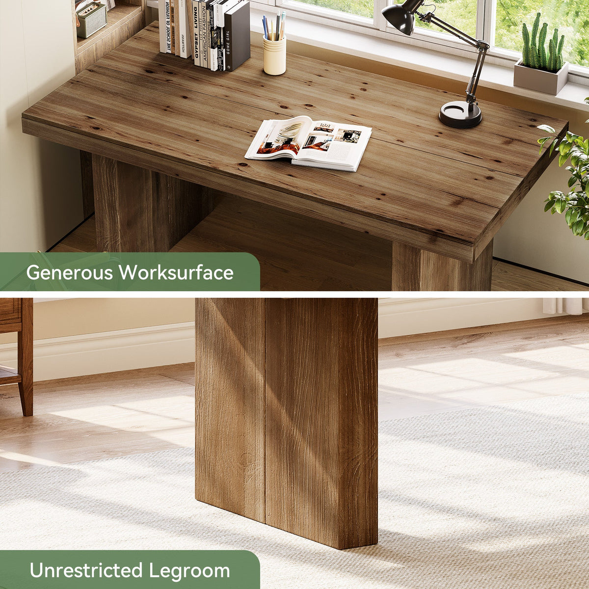 63-Inch Solid Wood Executive Desk with Spacious Tabletop and Sturdy Wooden Legs, Farmhouse Computer Desk for Home Office Study and Workstation
