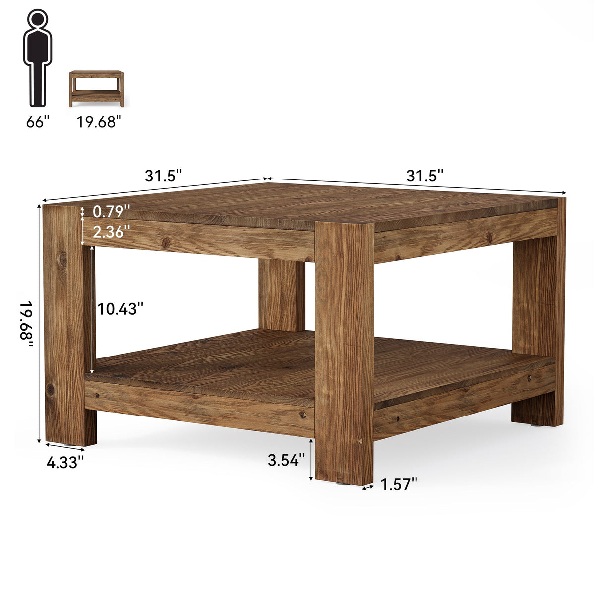 31.5-Inch Square Farmhouse Coffee Table with Storage Shelf, Solid Wood Center Table for Living Room