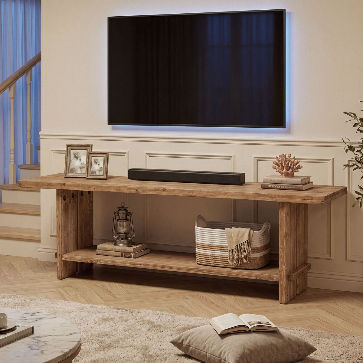 71 Inch Solid Wood TV Stand with 2-Tier Storage, Media Console for 55 to 85 Inch TVs