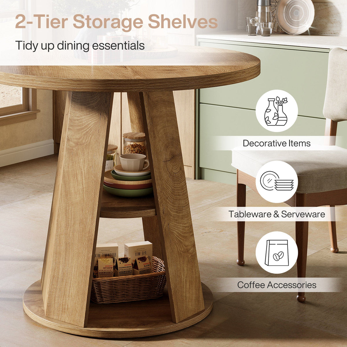 31.5-Inch Round Dining Table for 2-4, Space-Saving Farmhouse Kitchen Table with 2-Tier Storage Shelf for Small Spaces