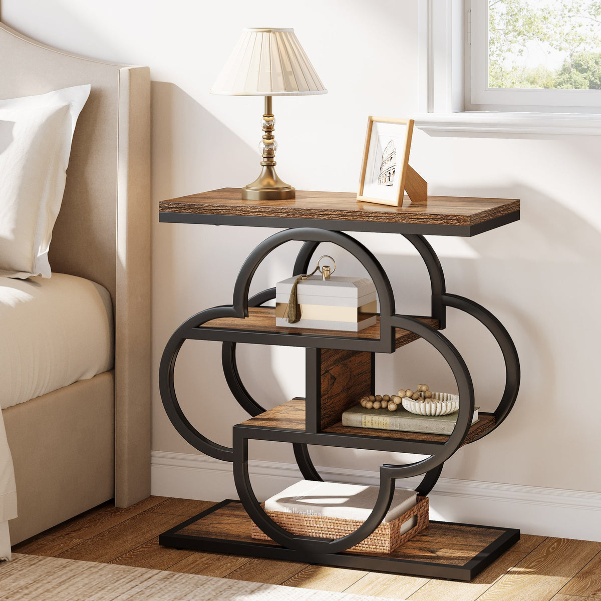 4-Tier Narrow Side Table with Curved Metal Frame and Storage Shelves