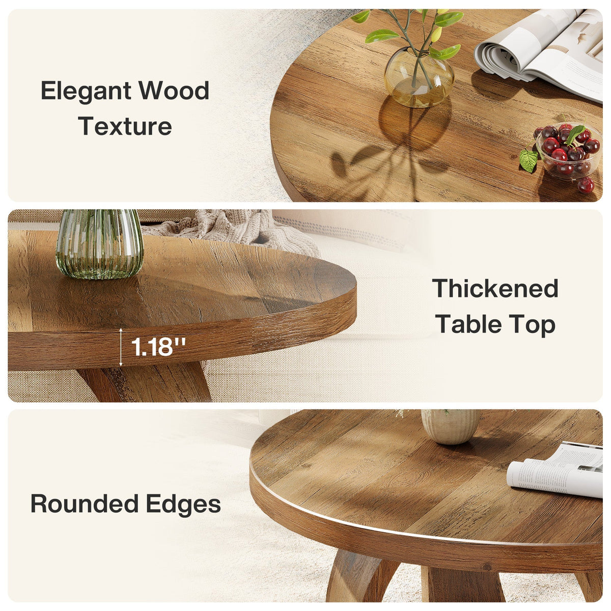 31.5" Wooden Circle Coffee Table, 2-Tier Storage for Small Spaces