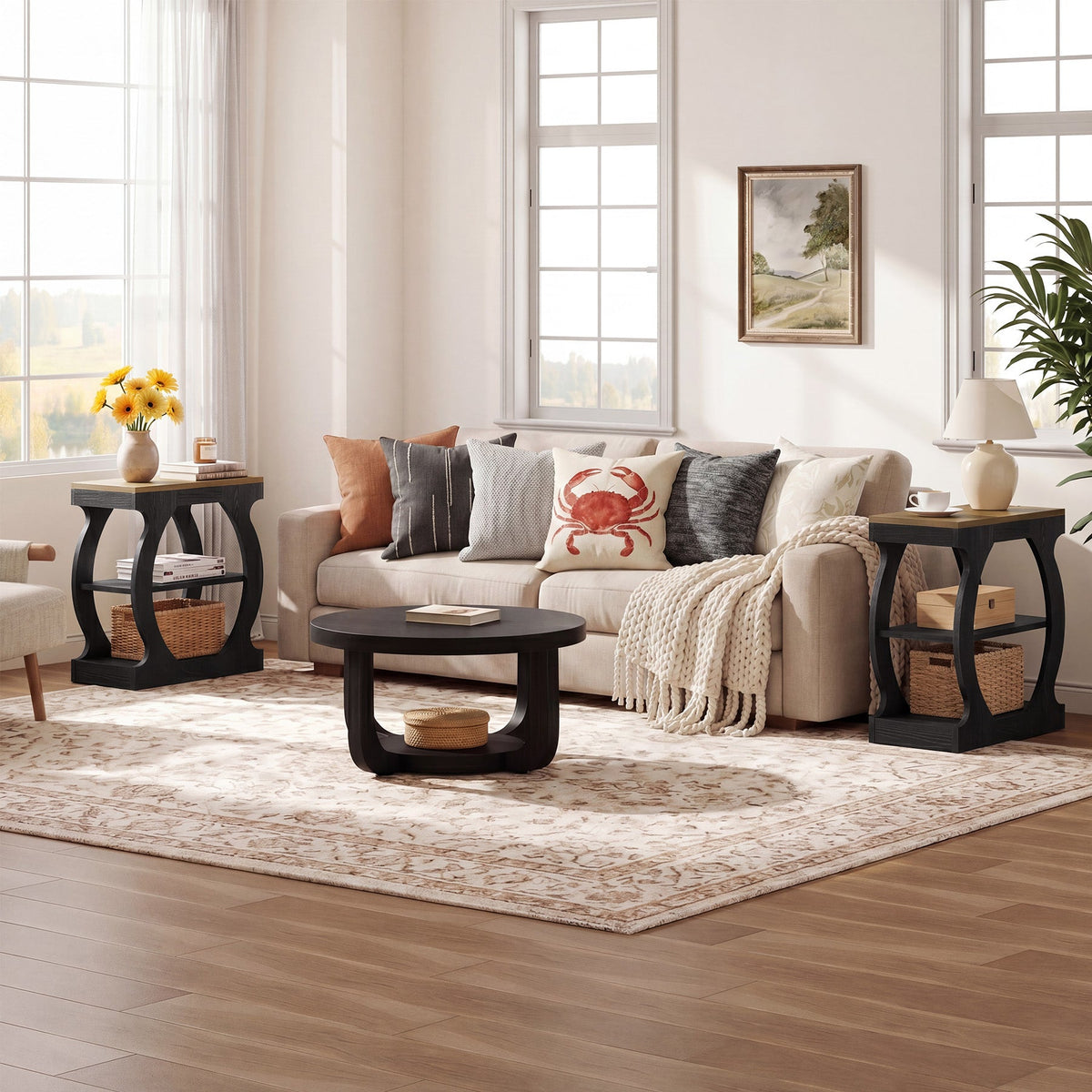 23.6 Inch Narrow End Table with 3-Tier Storage, Wooden Side Table with Curved Frame