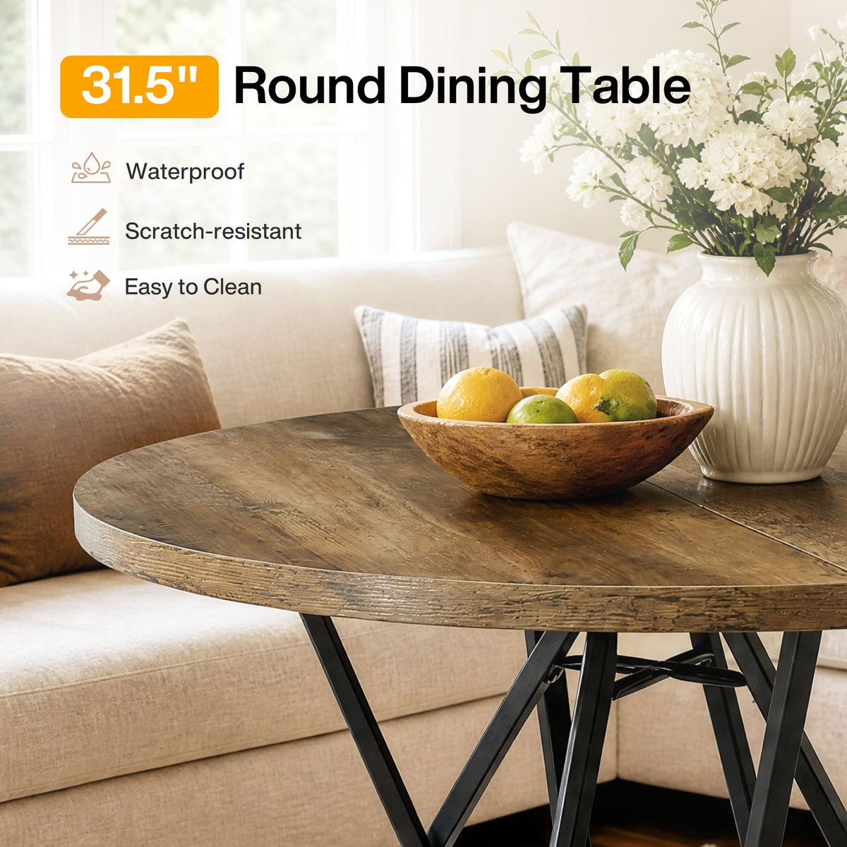 31.5-Inch Round Dining Table with Geometric Metal Base, Small Kitchen Table for 2-3 People