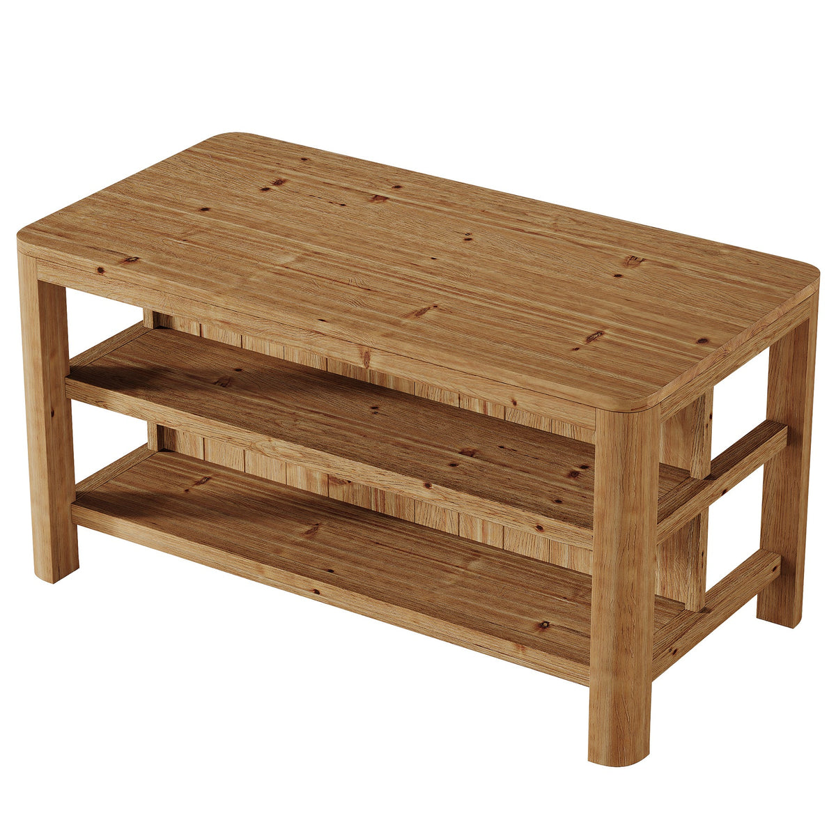 63-Inch Farmhouse Kitchen Island, Solid Wood Island Table with Open Storage Shelves