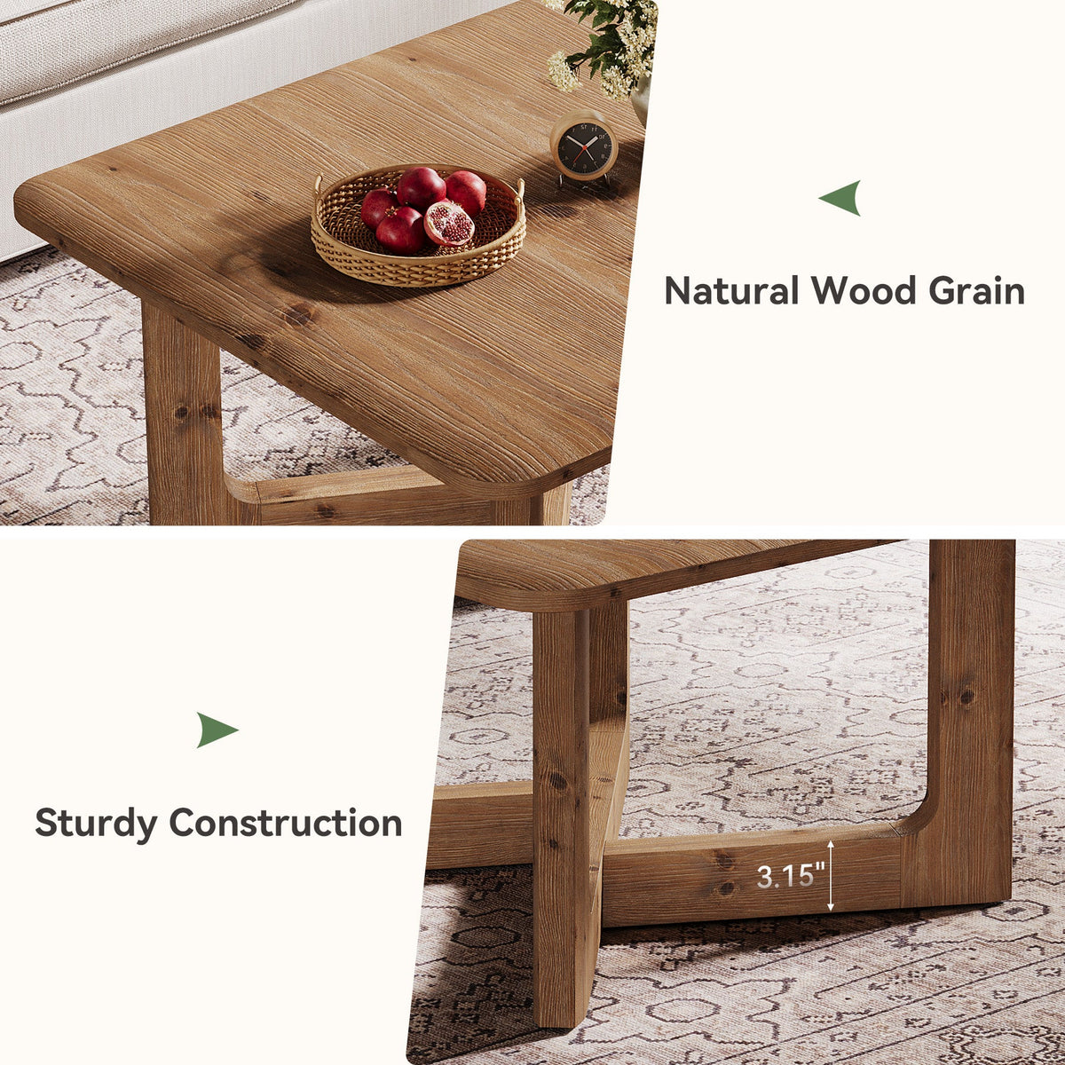31.5 Inch Square Solid Wood Coffee Table, Farmhouse Living Room Table with Sturdy Base