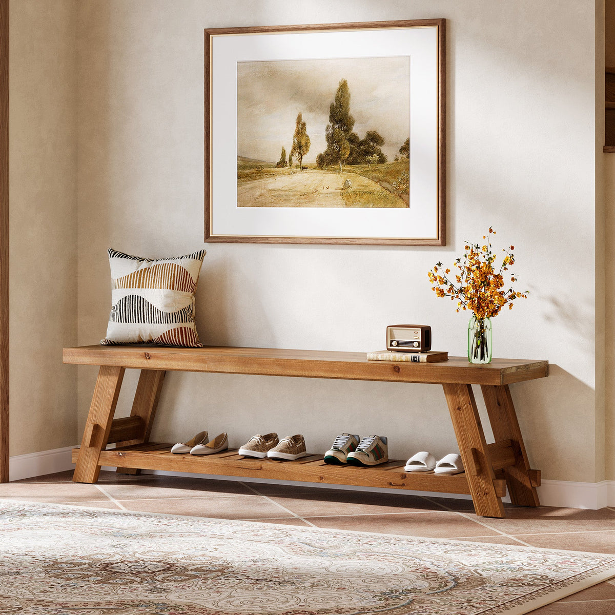 63 Inch Solid Wood Shoe Storage Bench for 6 Pairs, Farmhouse Entryway Seat with Shelf