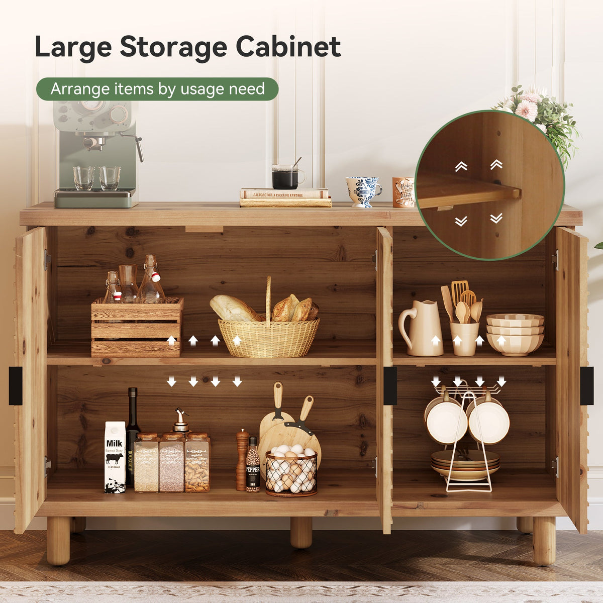 47.6-Inch Farmhouse Sideboard Cabinet with 3 Doors, Solid Wood Buffet Cabinet for Kitchen
