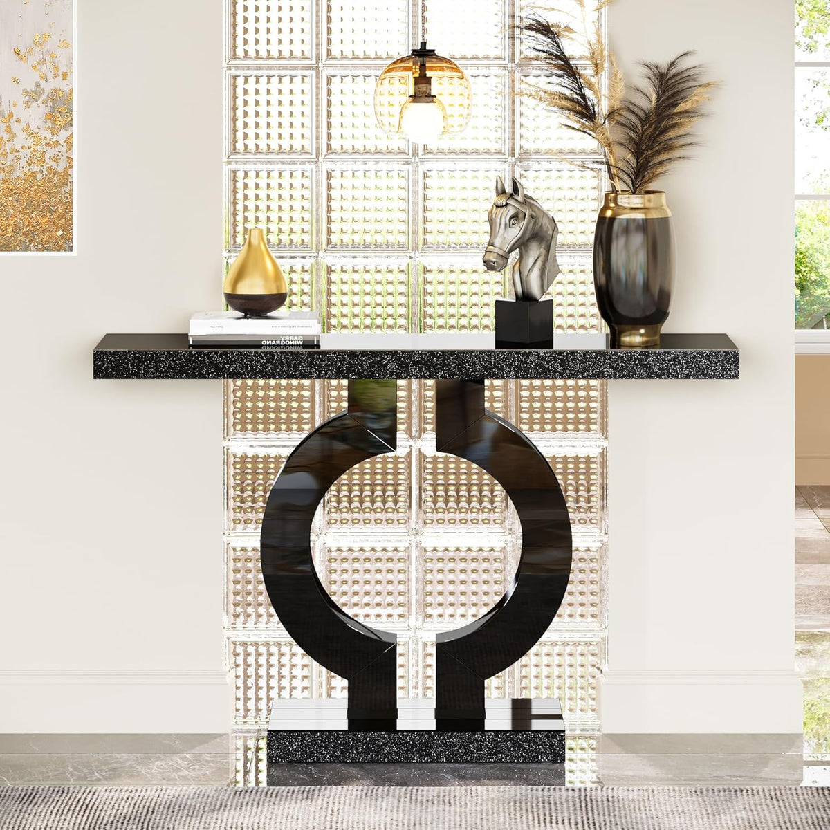 43.1-Inch Mirrored Console Table with O-Shaped Base, Narrow Hallway Table in Black