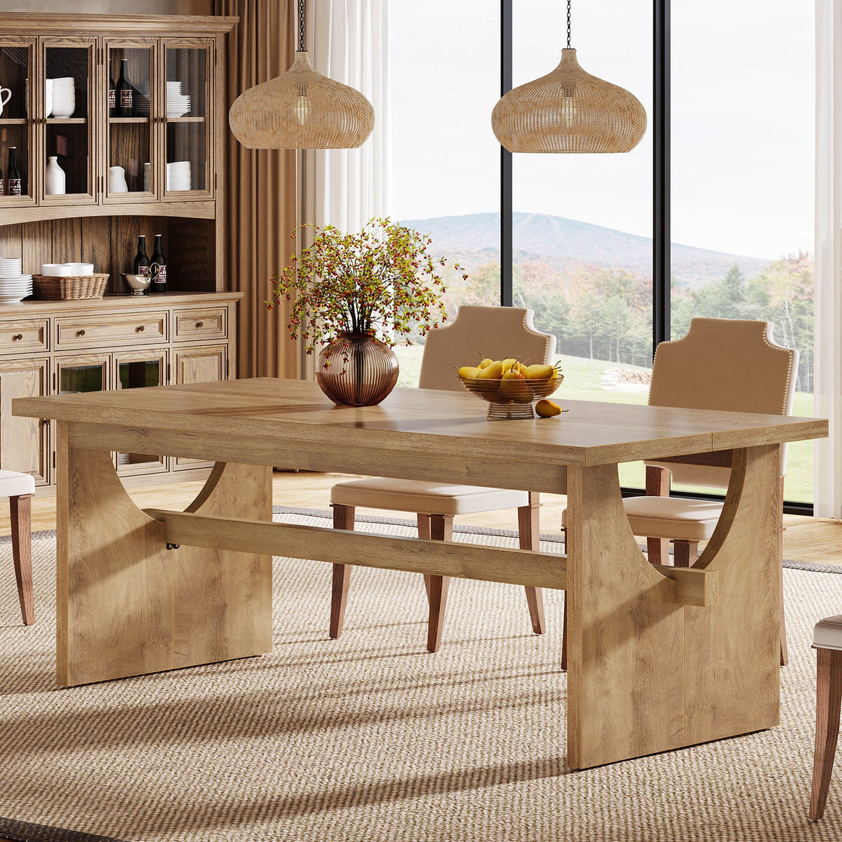 63-Inch Farmhouse Dining Table for 4 to 6 People with Heavy Duty Double Base