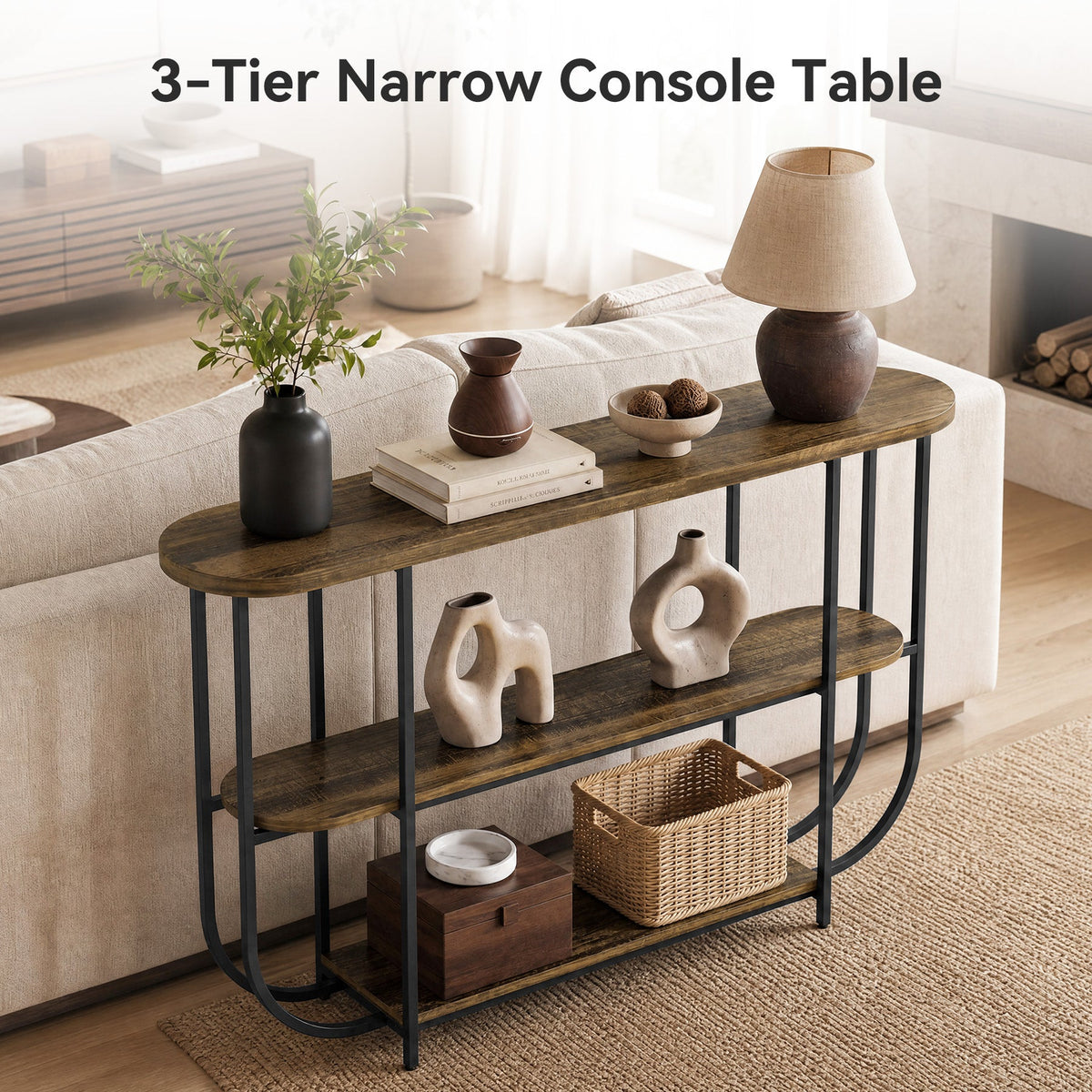 63-Inch 3-Tier Narrow Console Table with Curved Metal Frame, Modern Vintage Entryway Sofa Table for Living Room