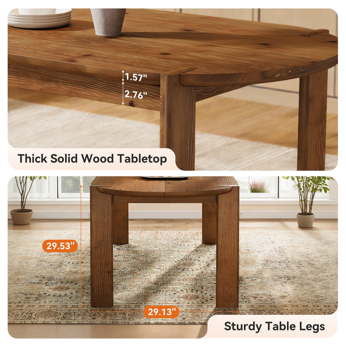 63-Inch Solid Wood Oval Dining Table, Farmhouse Dinner Table with Sturdy Base for 4-6