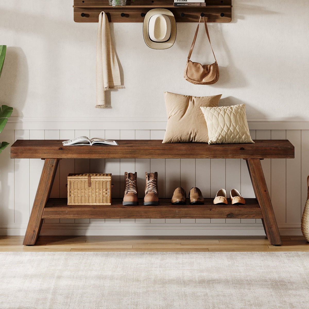 47-Inch 2-Tier Wooden Storage Bench, Open Shelving Hallway Seat with Solid Fir Frame for Living Room