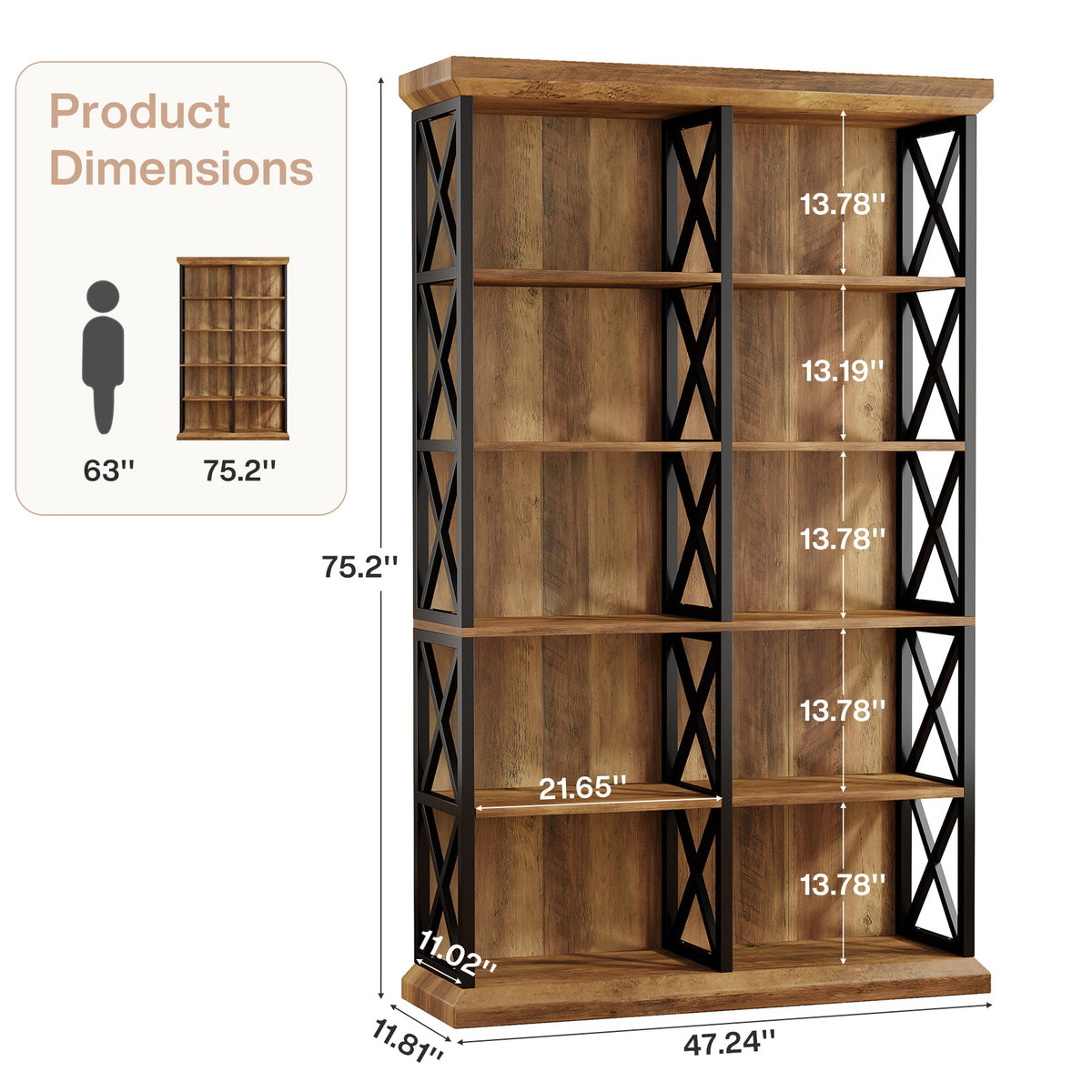 75-Inch Tall Double Wide Bookcase, 6-Tier Industrial Bookshelf with X-Pattern Frame