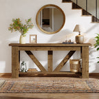 70.9-Inch Solid Wood Console Table with Triangular Base, 2-Tier Sofa Table for Hallway