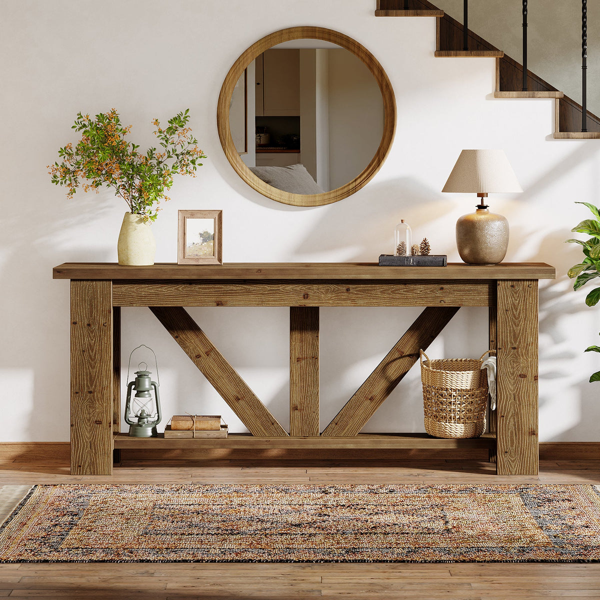 70.9-Inch Solid Wood Console Table with Triangular Base, 2-Tier Sofa Table for Hallway