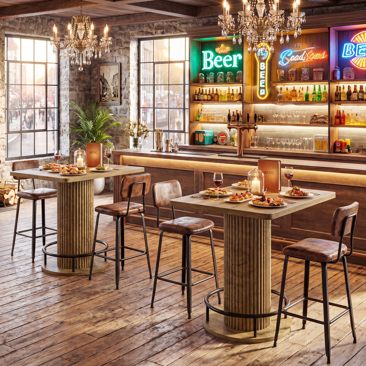 39-Inch Square Bar Table, Wooden Bistro Table with Footrest for Kitchen and Cafe