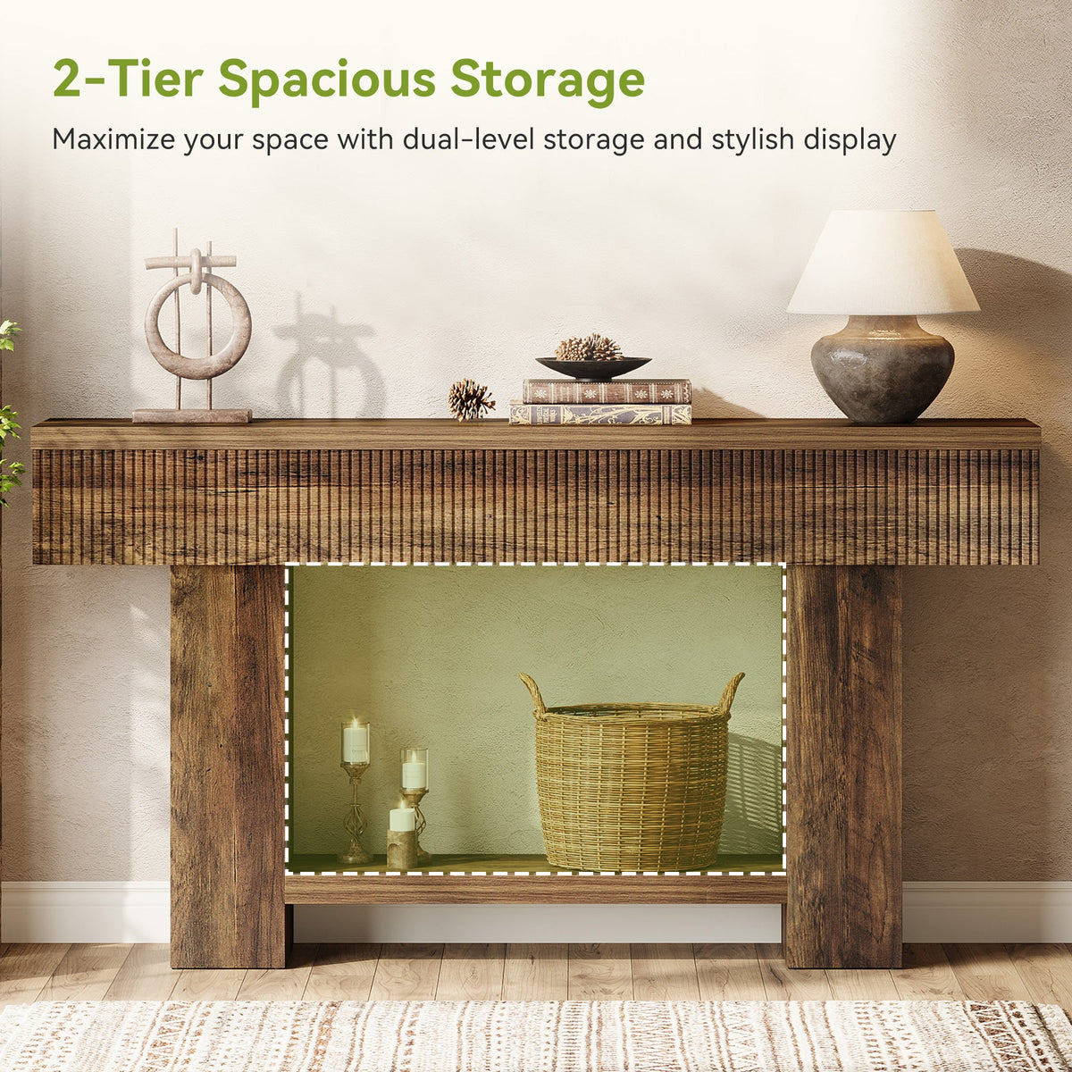 55-Inch Farmhouse Console Table with 2-Tier Storage and U-Shaped Base, Narrow Entryway Sofa Table for Hallway