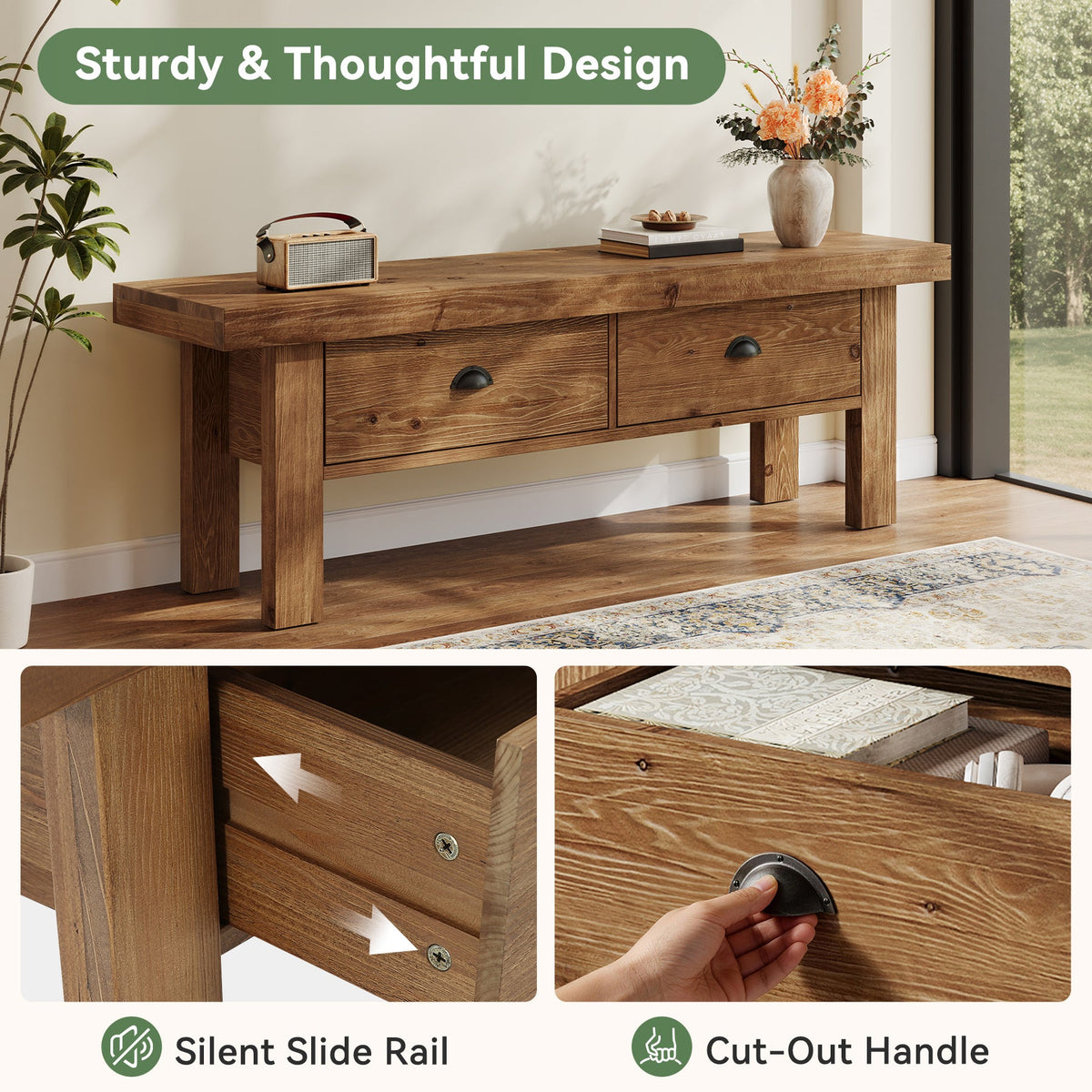 55 Inch Solid Wood Storage Bench with 2 Drawers, Farmhouse Entryway Seat for Hallway