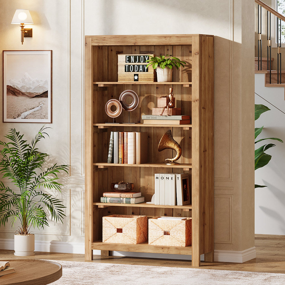 5-Tier Farmhouse Bookcase with Slatted Back Panel, Solid Wood Bookshelf for Home Office and Library