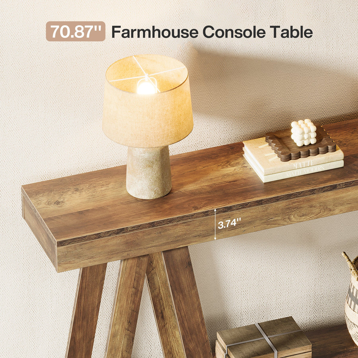 70.87-Inch Farmhouse Console Table with 2-Tier Storage and A-Shaped Frame, Narrow Entryway Sofa Table for Living Room and Foyer