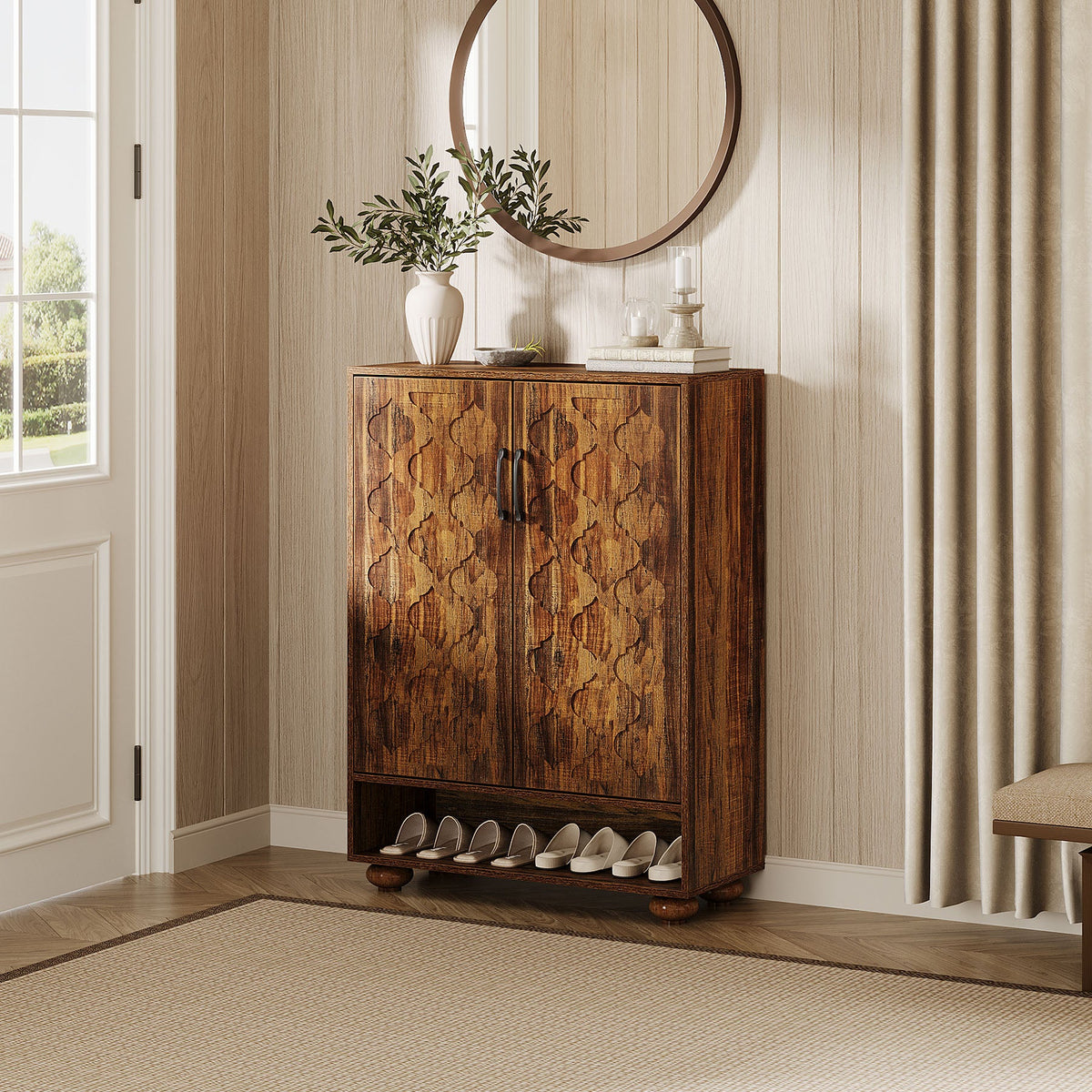 31.5-Inch Solid Wood Shoe Cabinet for Entryway, Farmhouse Tall Shoe Storage Cabinet with Doors and Adjustable Shelves for Hallway