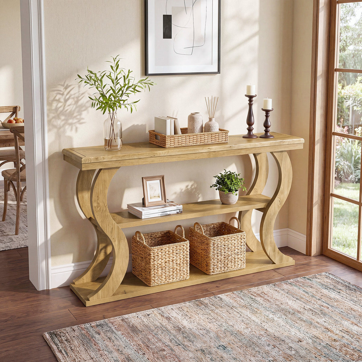 55 Inch Console Table with 3-Tier Storage, Farmhouse Hallway Table with Wave Legs
