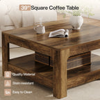 39.4-Inch Square Coffee Table, Large Farmhouse Center Table with Storage Shelf for Living Room