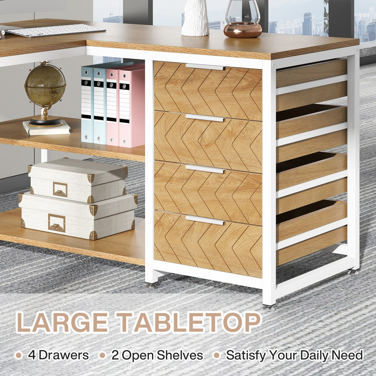 59" L-Shaped Desk, Reversible Corner Computer Desk with Drawers and Shelves