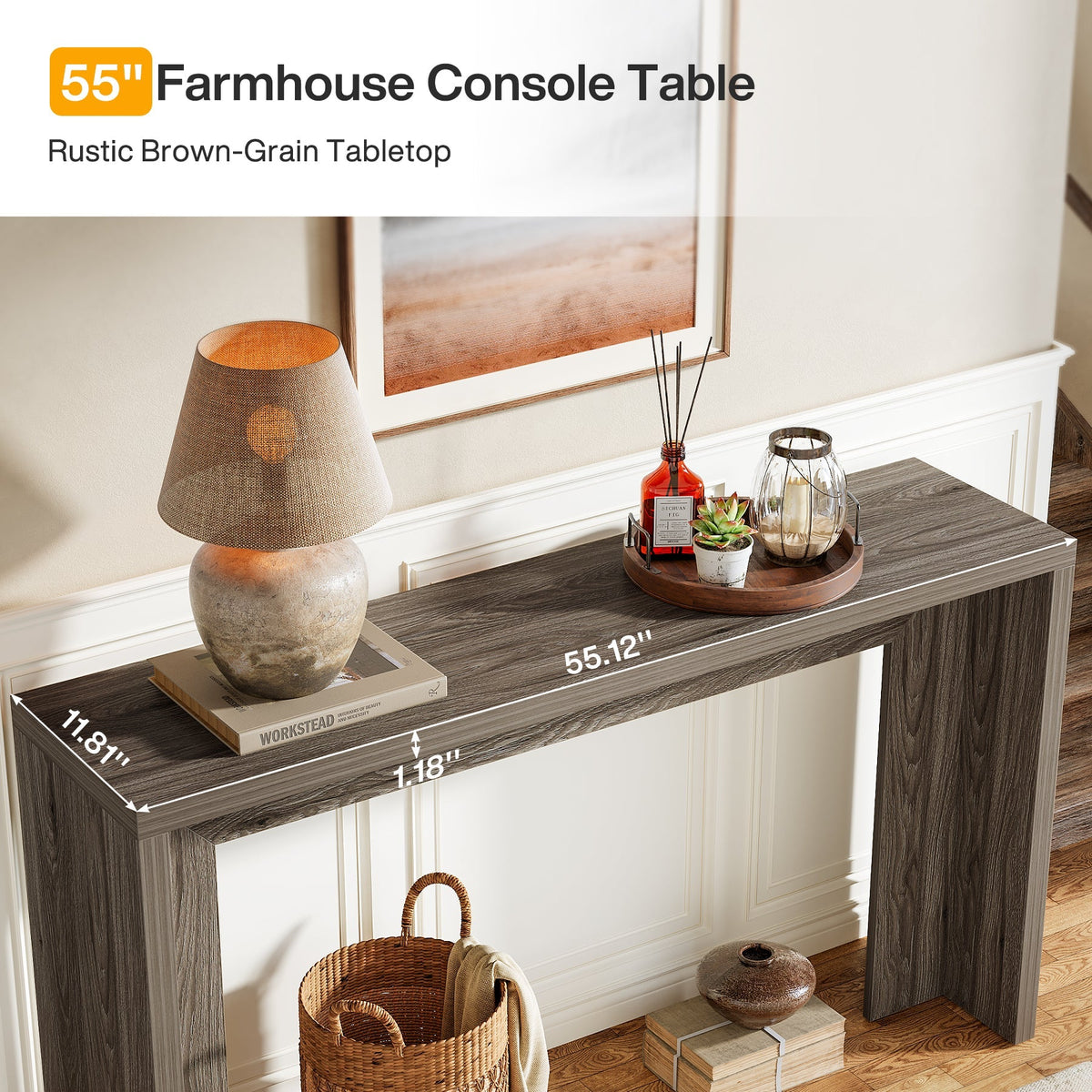 55-Inch Farmhouse Console Table with Storage, Narrow Wooden Entryway Sofa Table